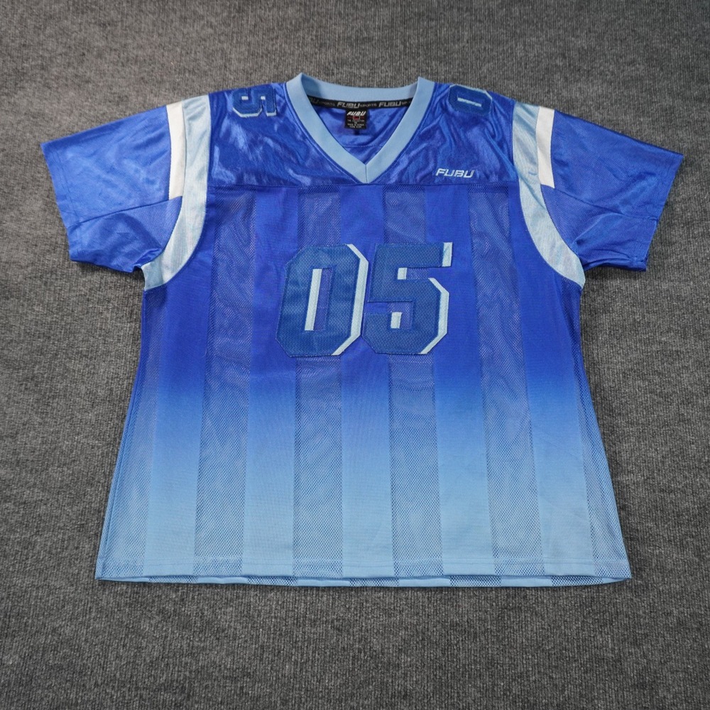 FUBU Football Jersey Kids 1X Blue Ombre Mesh 05 Applique Streetwear V-Neck